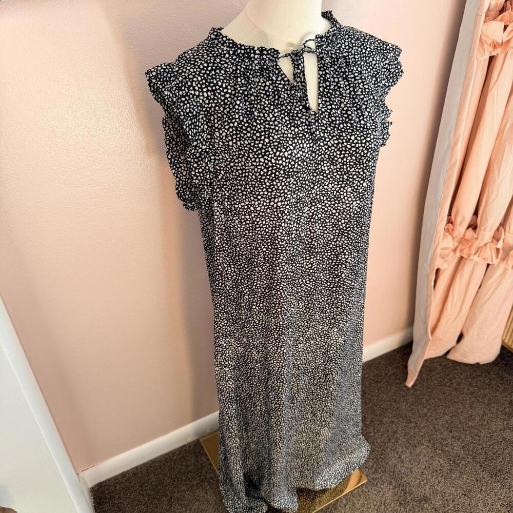Croft & Barrow Black White Speckled Midi Dress Ruffle Neck Tie Front Cottagecore